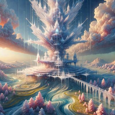 The primary subject of the image is a large, intricate, and colorful castle-like structure with a tall tower. The setting is a fantasy world with a cloudy sky, and the visual style is digital art. The colors and mood of the image are vibrant and whimsical, creating a sense of wonder and imagination.